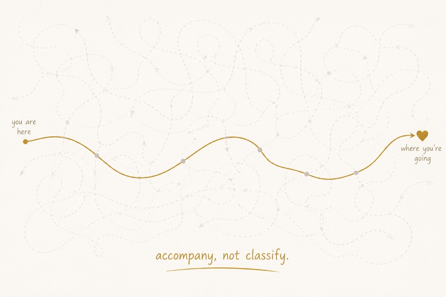A single path drawn through a field of tangled dotted routes: accompany, not classify
